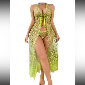 Sheer Lime Green Floral Tie-Front Swim Cover-Up or Lingerie Set